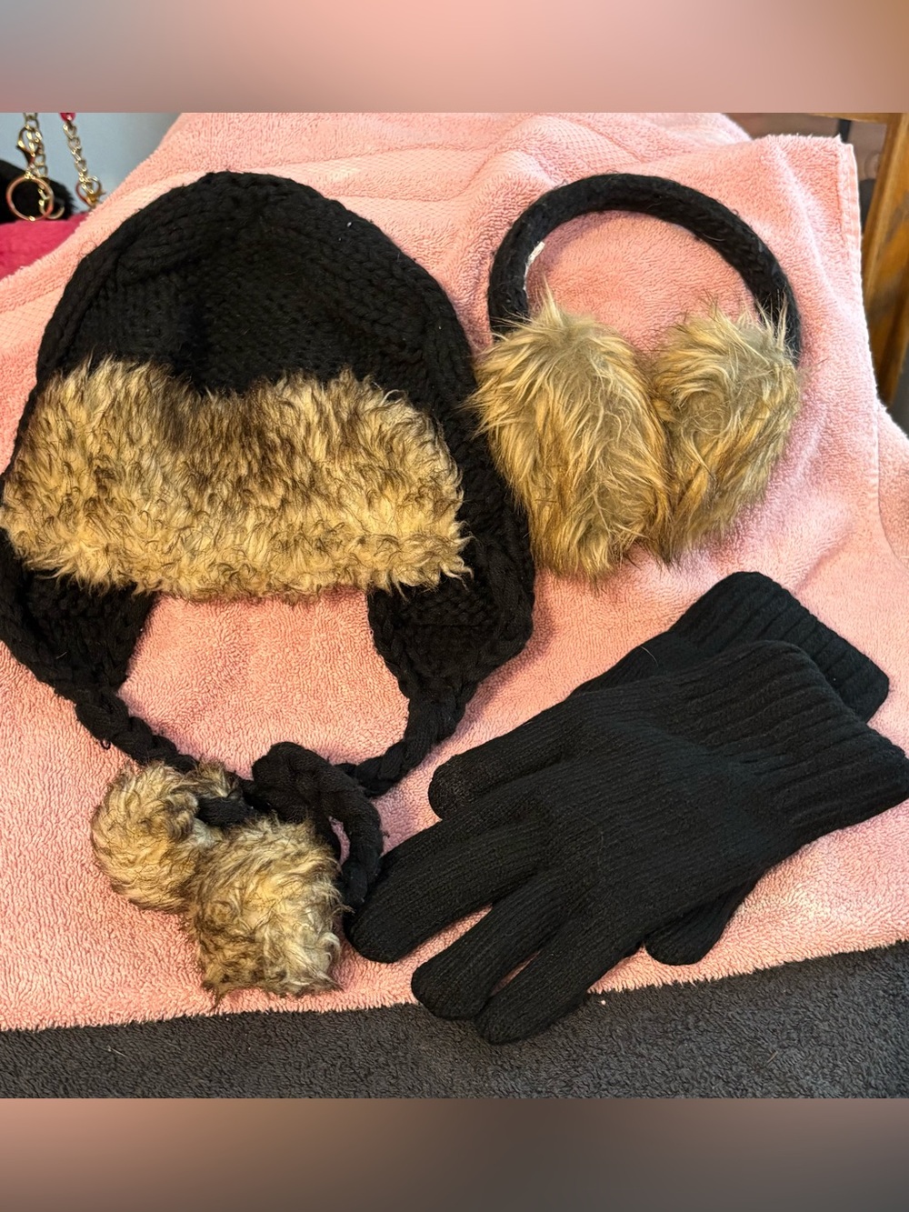 Pre-loved Lane Bryant Black Trapper Hat, Earmuffs & fleeced line gloves